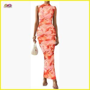 Floral Mesh Maxi Dress Ruched Bodycon Sleeveless Formal Cocktail Wedding Guest